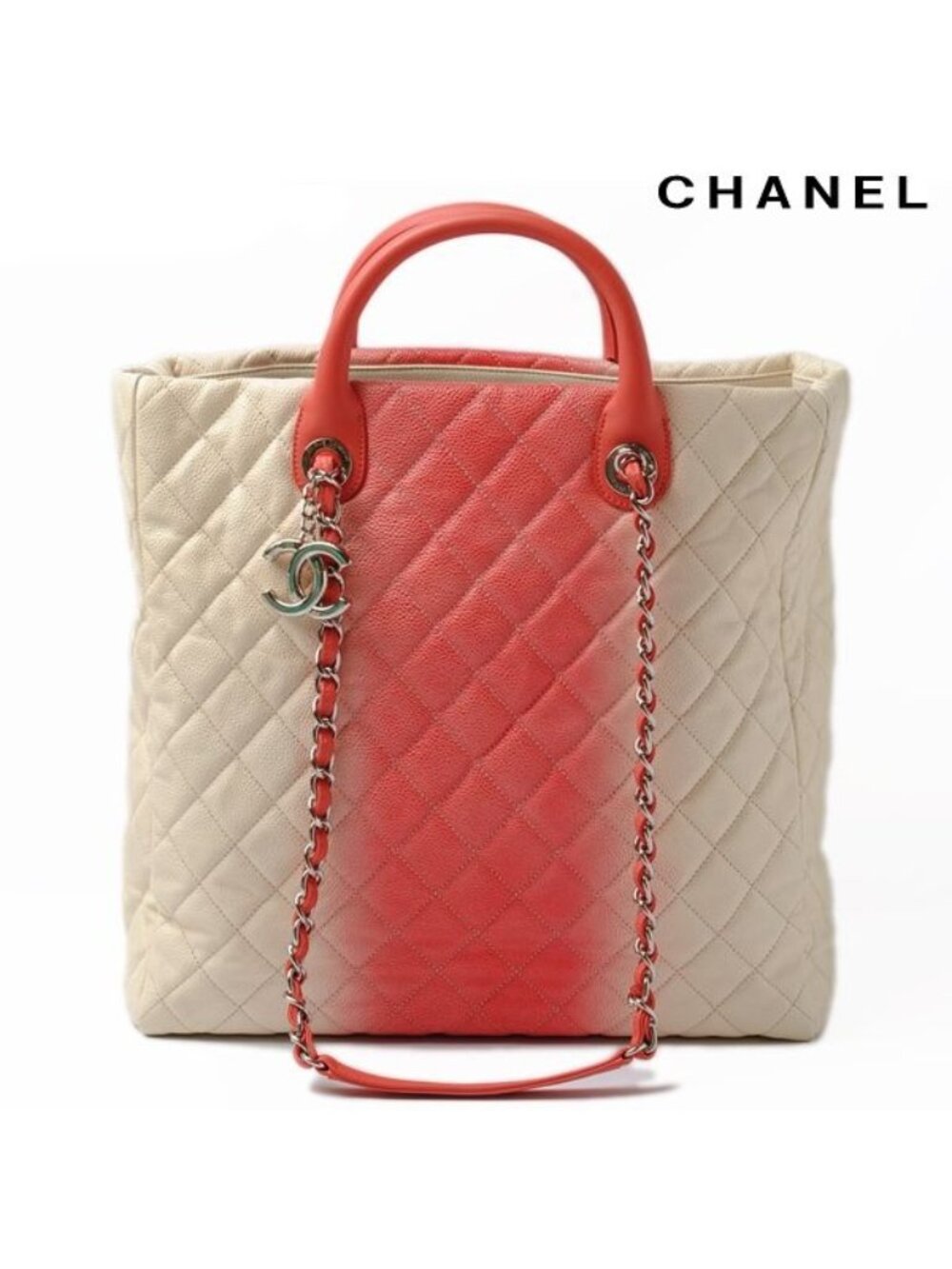 Chanel Tote Shoulder Bag Coral Pink Ivory Caviar Leather 2-Way - Picture 1 of 5